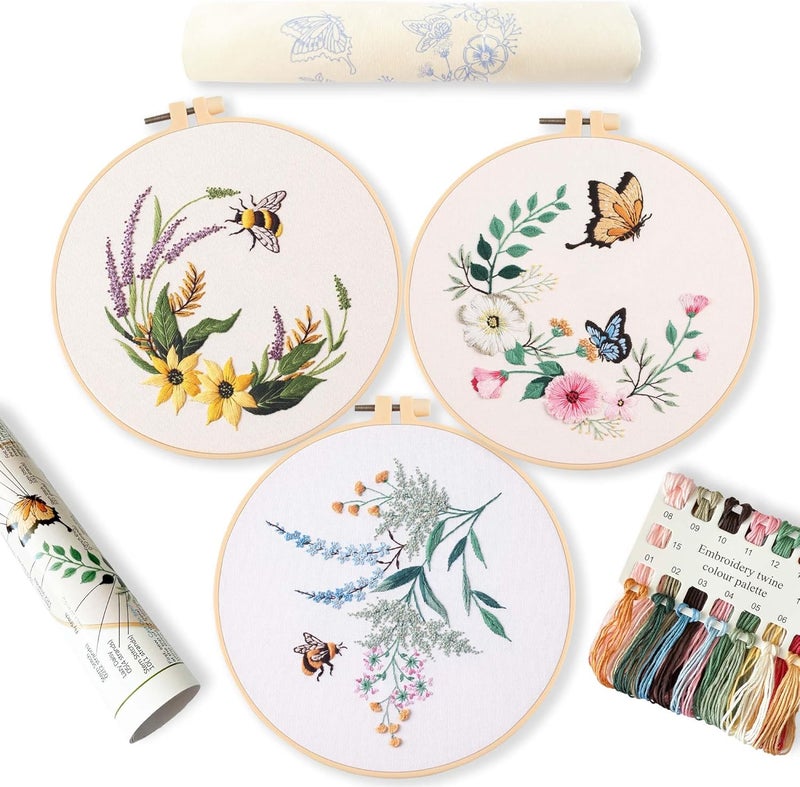 REEWISLY 3ps Embroidery Starter kit Patterns, DIY Adult Cross Stitch Kits Beginner, Including 3 Plastic Embroidery Rings, 1 Scissors, Colored Threads,Needles and Instructions - Image 1